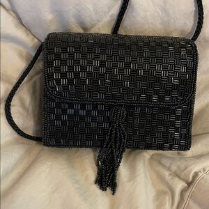 Black Beaded Evening Bag Crossbody | Satin Lined | 46” Strap